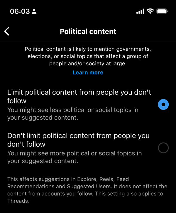 A screenshot taken on March 24, 2024 from Instagram showing limitations of political content as a default setting.